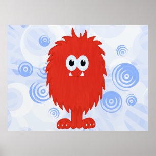 Red Furry Monster & Blue Swirls Print