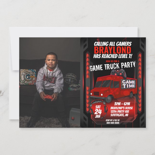 Red Game Truck Birthday Party Photo Invitation (Front)