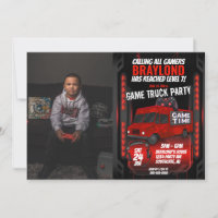 Red Game Truck Birthday Party Photo Invitation
