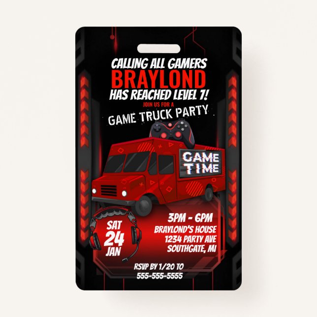 Red Game Truck Birthday Party VIP Invitation ID Badge (Front)