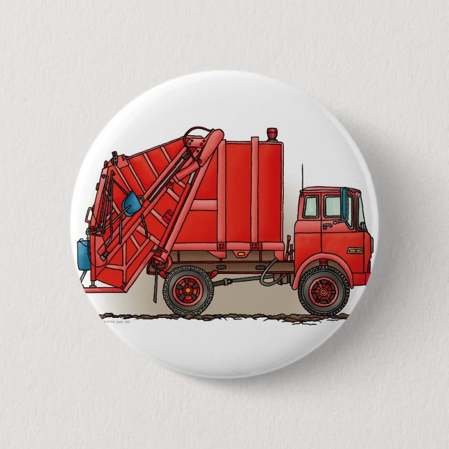 Red Garbage Truck 6 Cm Round Badge (Front)