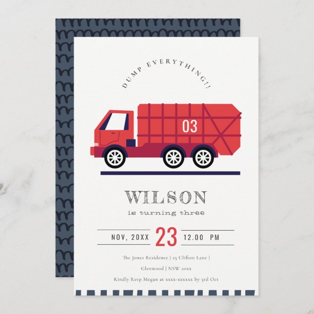 Red Garbage Truck Kids Any Age Birthday Invite (Front/Back)