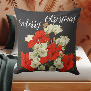 Red Garden Hibiscus Merry Christmas Floral Blooms Cushion