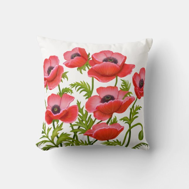 Red Garden Poppy Flowers American MoJo Pillow (Front)