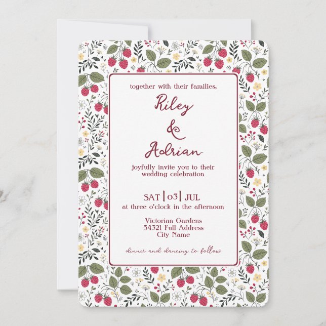 Red Garden Raspberry Yellow Flower Spring Wedding Invitation (Front)