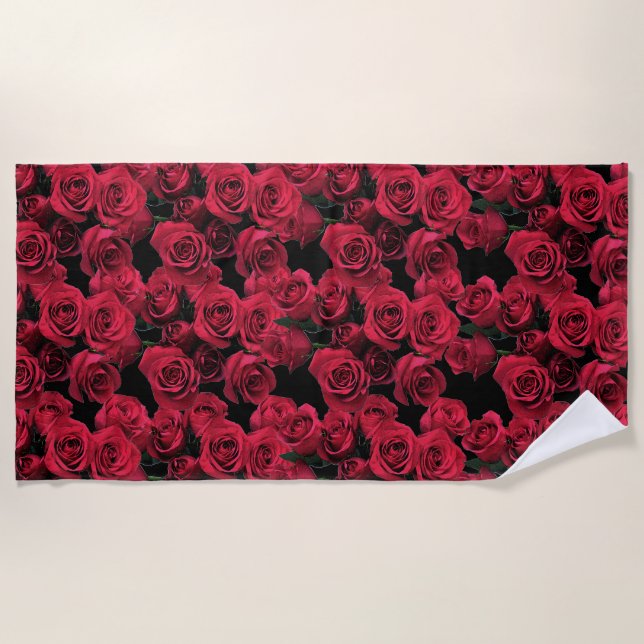 Red Garden Roses Floral Beach Towel (Front)