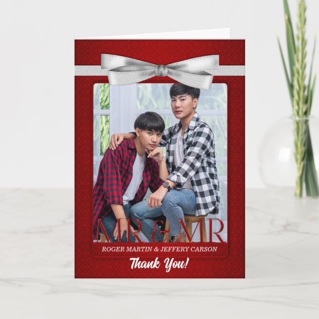 Red Gay from Two Grooms Blank Wedding Thank You Card (Front)