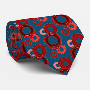 Red Gears on Navy Blue Mechanical Industrial Tie