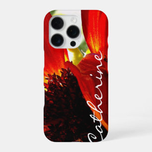 Red gebera daisy flower photo custom name script iPhone 16 pro case