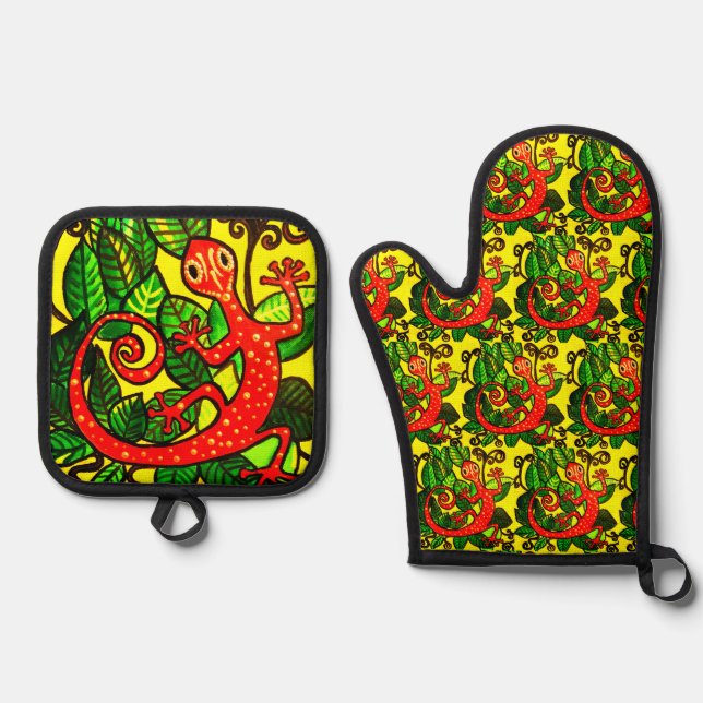 Red Gecko Oven Mitt & Pot Holder Set (Front)