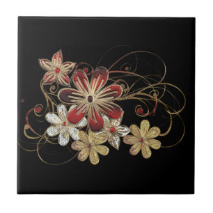 Red Gemstone Flowers - Beautiful Golden Jewel Ceramic Tile