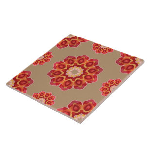 Red Geo Peony on Fawn Ceramic Tile