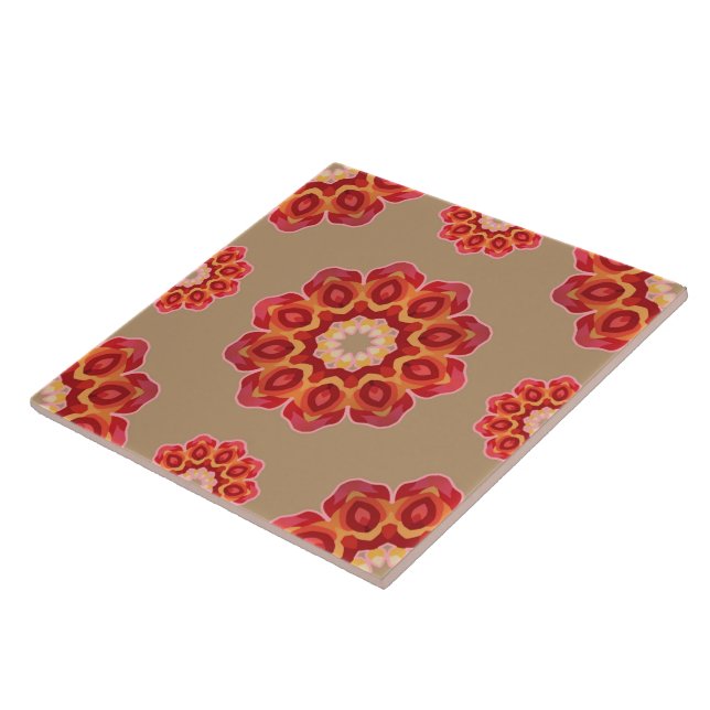 Red Geo Peony on Fawn Ceramic Tile (Side)