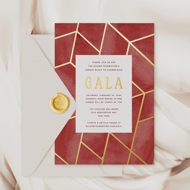 Red Geometric Gala Gold Foil Invitation (Red watercolor and gold foil Geometric Gala Invitation)