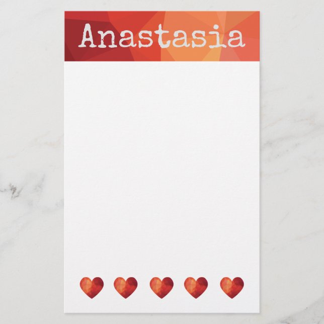 Red geometric heart and personalised name stationery (Front)