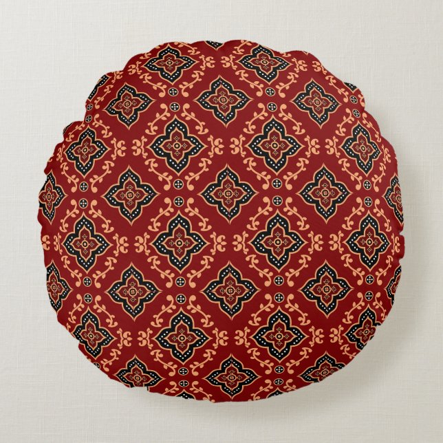 Red Geometric Indian Pattern Round Cushion (Front)