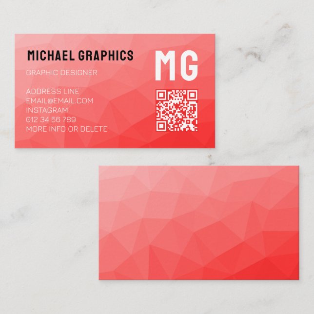 Red geometric mesh pattern QR code Monogram Business Card (Front/Back)