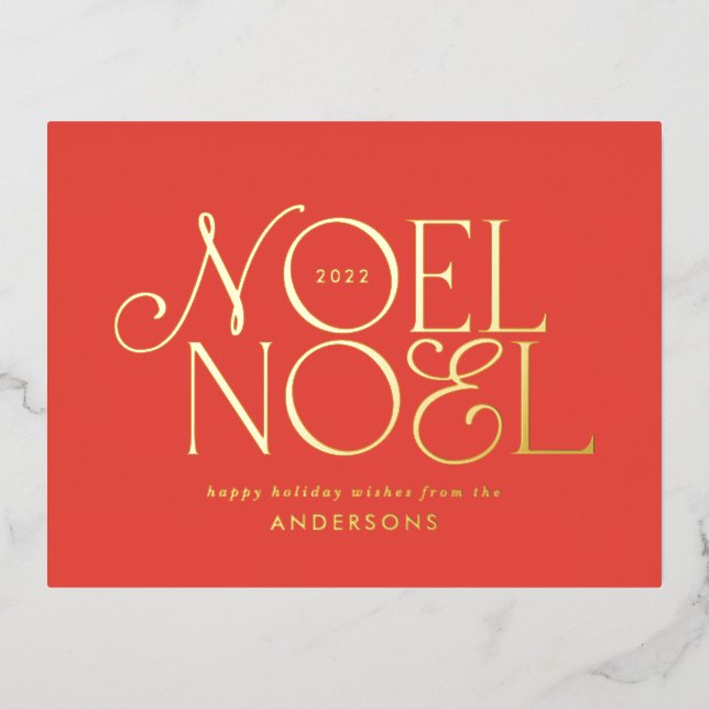 Red geometric Noel script elegant modern Foil Holiday Postcard (Front)