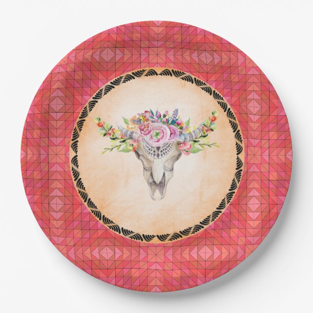 Red Geometric Pattern With Floral Cow Skull Paper Plate (Front)