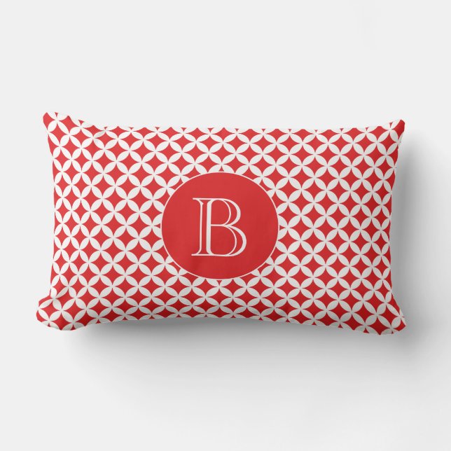 Red Geometric Shippo Pattern Custom Monogram Lumbar Cushion (Front)