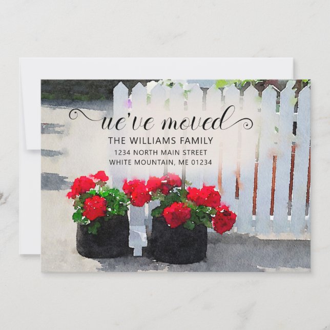 Red Geranium Flower Pots Picket Fence Moving Announcement (Front)