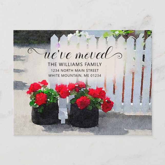 Red Geranium Flower Pots Picket Fence Moving Announcement Postcard (Front)
