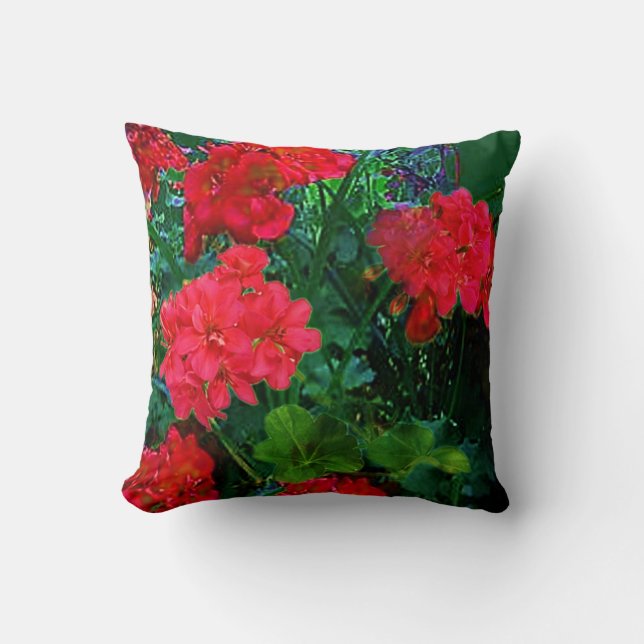 RED GERANIUMS GREEN GARDEN ART CUSHION (Front)