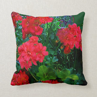 RED GERANIUMS GREEN GARDEN ART CUSHION