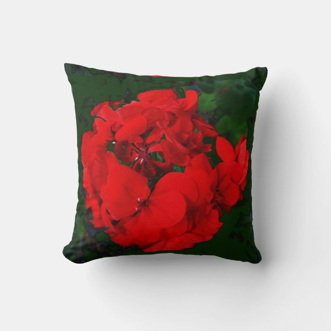 Red Geraniums Green Pillow by Sharles (Front)
