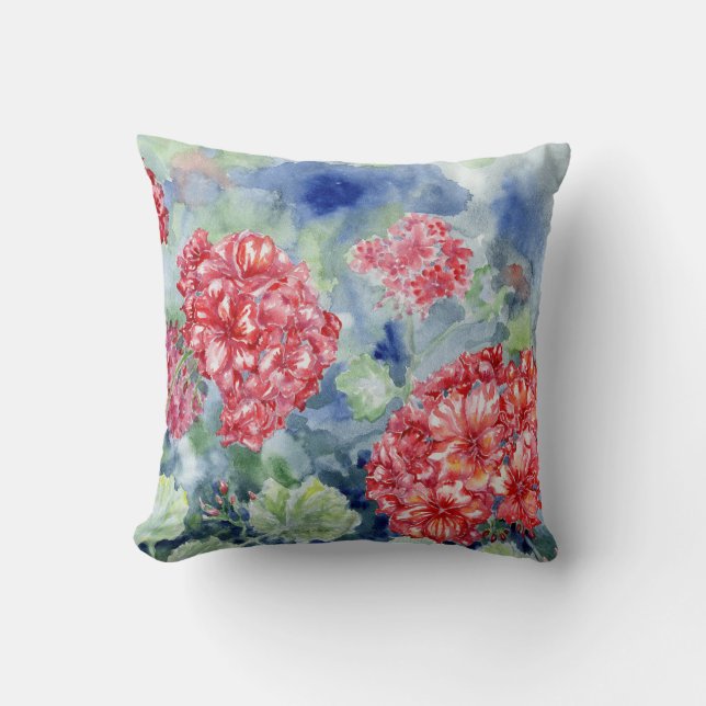 "Red Geraniums II" Throw Pillow (Front)