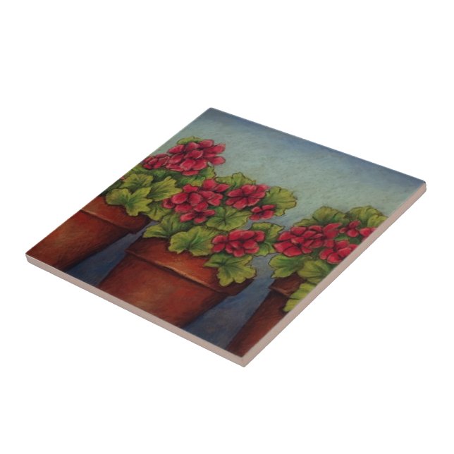 Red Geraniums in clay pots Ceramic Tile (Side)