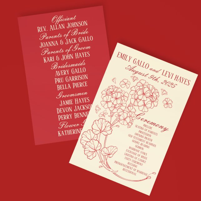 Red Geraniums on Beige Wedding Program (Creator Uploaded)