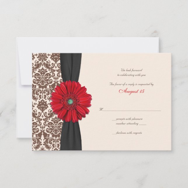 Red Gerber Daisy Damask Reply Card (Front)