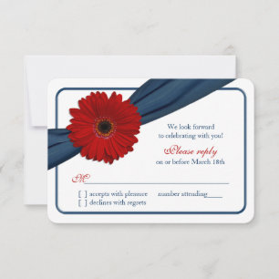 Red Gerber Daisy Navy Blue Ribbon Wedding RSVP Card