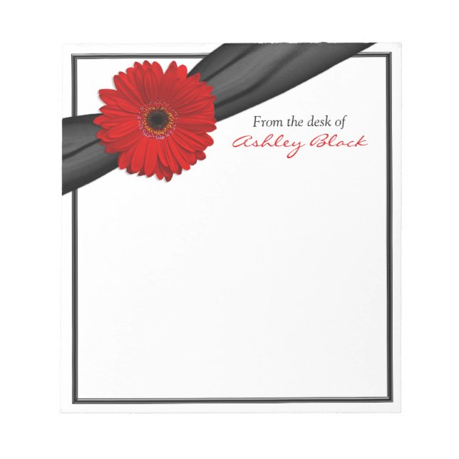 Red Gerber Daisy Ribbon Personalised Notepad (Front)