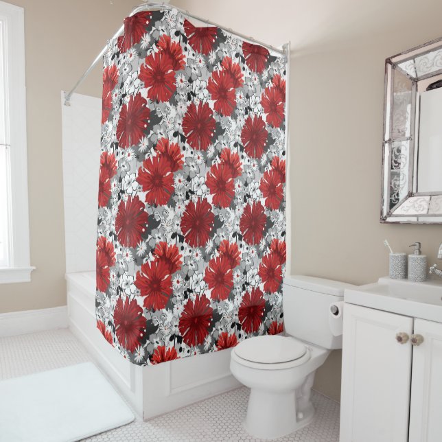 Red Gerbera Daisies Pattern Shower Curtain (In Situ)