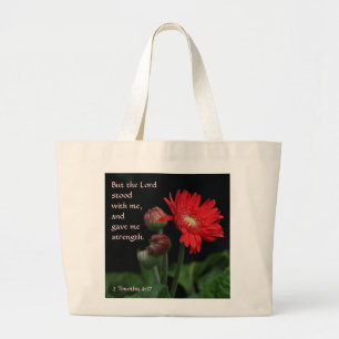 Red Gerbera Daisy Bible Verse about God's Strength Large Tote Bag