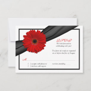 Red Gerbera Daisy Black Ribbon Wedding Reply Card