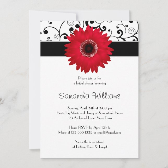 Red Gerbera Daisy Black Scroll Bridal Shower Invitation (Front)