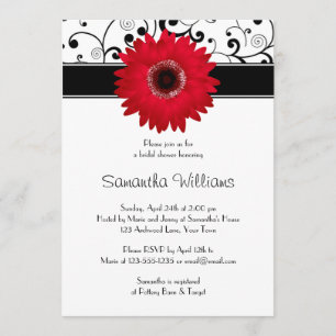 Red Gerbera Daisy Black Scroll Bridal Shower Invitation
