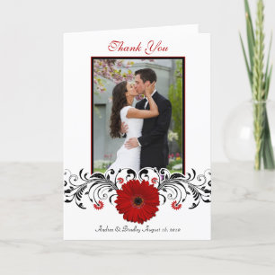 Red Gerbera Daisy Floral Photo Wedding Thank You Card