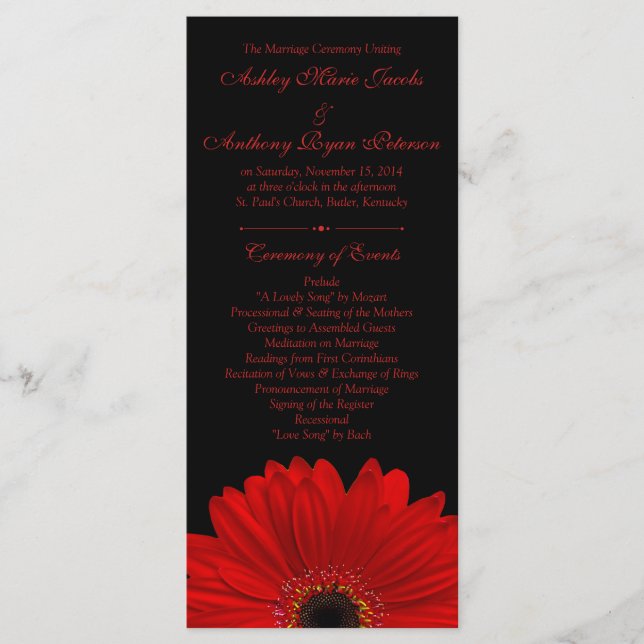 Red Gerbera Daisy Flower Black Wedding Program (Front)