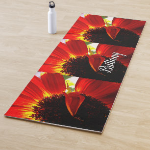 Red gerbera daisy flower monogram name script bold yoga mat