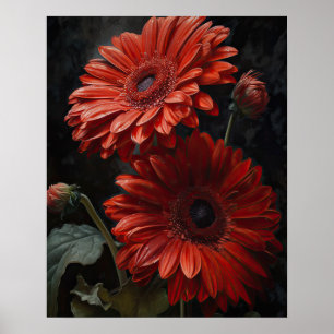 Red Gerbera Daisy Flowers Art Print Poster