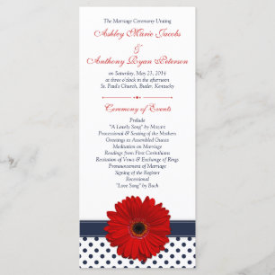 Red Gerbera Daisy Navy Polka Dot Wedding Program