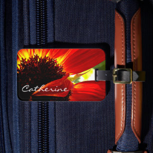 Red gerbera daisy photo custom name script modern luggage tag
