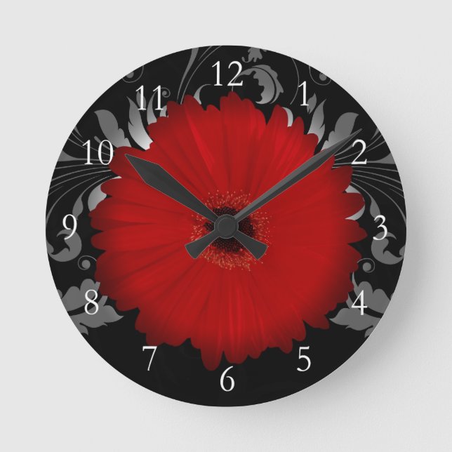 Red Gerbera Daisy w/Swirl Round Clock (Front)