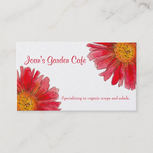 Red Gerbera Daisy Watercolor Flower Garden Cafe Business Card (Front)