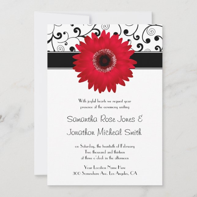 Red Gerbera Daisy with Black Scroll Design Wedding Invitation (Front)