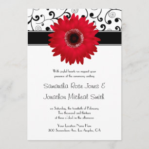 Red Gerbera Daisy with Black Scroll Design Wedding Invitation